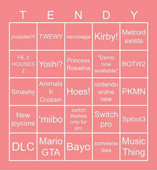 Tendy Bingo Card