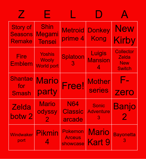 Nintendo E3 Bingo Card