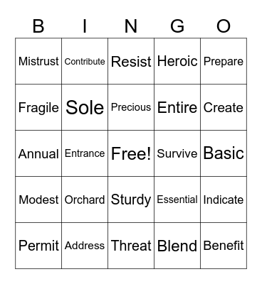 EOY Vocabulary BINGO Card