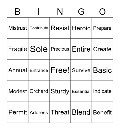 EOY Vocabulary BINGO Card