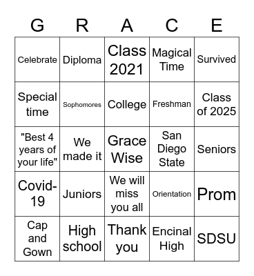 Graduation Bingo Card