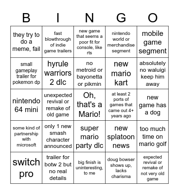 nintendo e3 Bingo Card