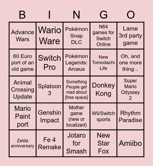 Nintendo E3 Bingo Card