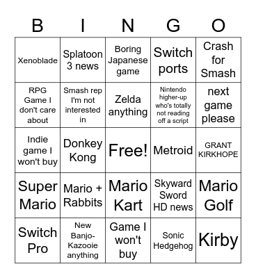 Nintendo E3 Bingo Card