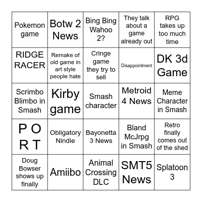 Nintendo E3 Direct Bingo Card