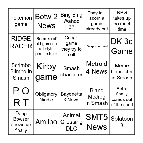 Nintendo E3 Direct Bingo Card