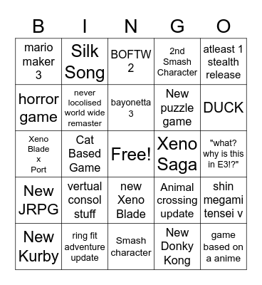 nintendo E3 Bingo Card