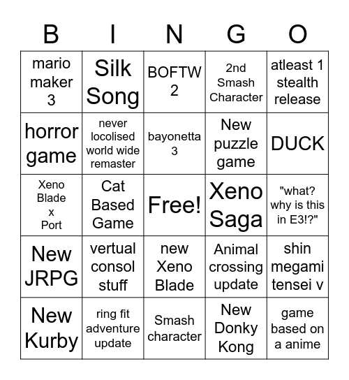 nintendo E3 Bingo Card