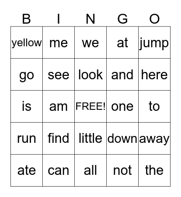 Kindergarden Sight Words Bingo Card