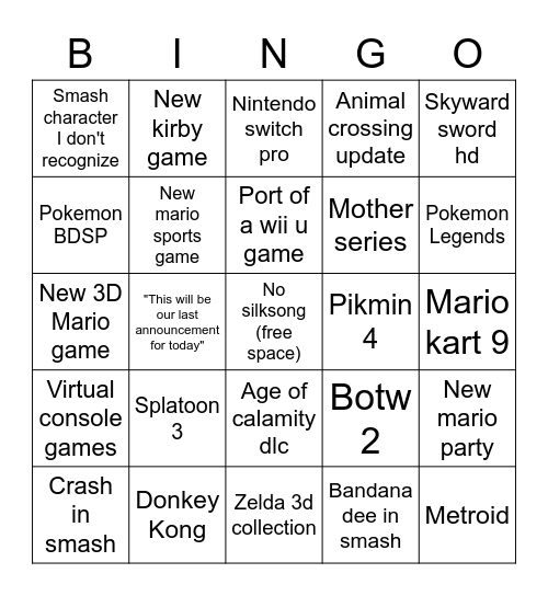 Nintendo e3 2021 Bingo Card