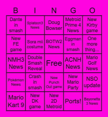 Nintendo E3 Bingo Card