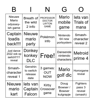 Nintendo direct Bingo Card