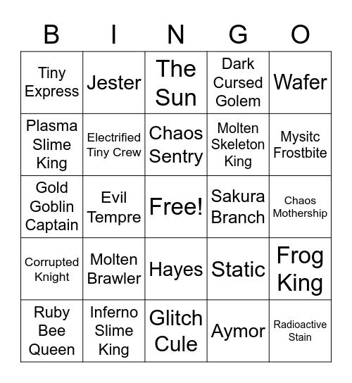 Tower Heros Bosses Bingo Card