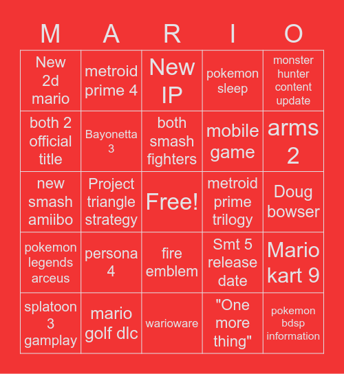Nintendo direct (E3) Bingo Card