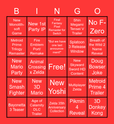 Nintendo E3 Direct Bingo Card