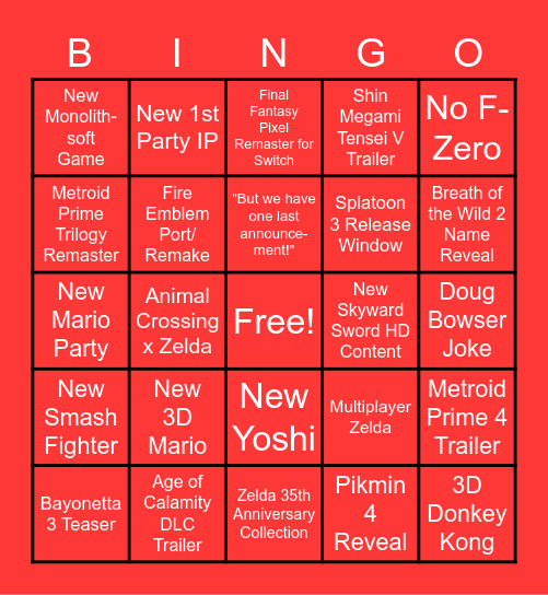 Nintendo E3 Direct Bingo Card