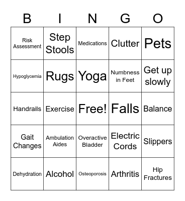 Fall Prevention Bingo Card