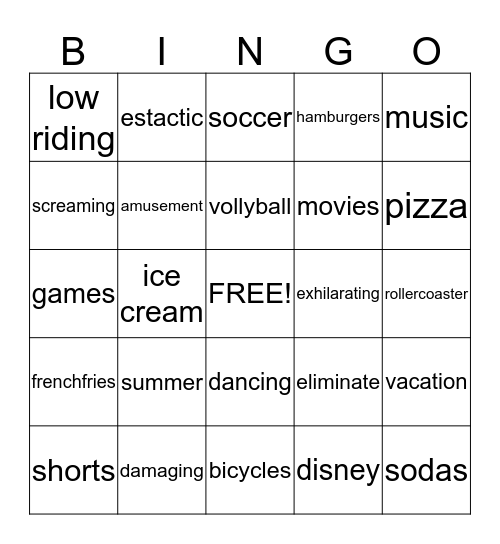 Spring Break Bingo Card