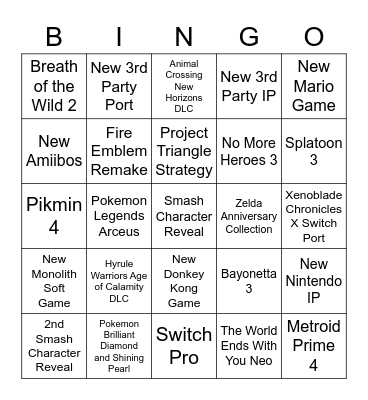 E3 2021 Nintendo Direct Bingo Card