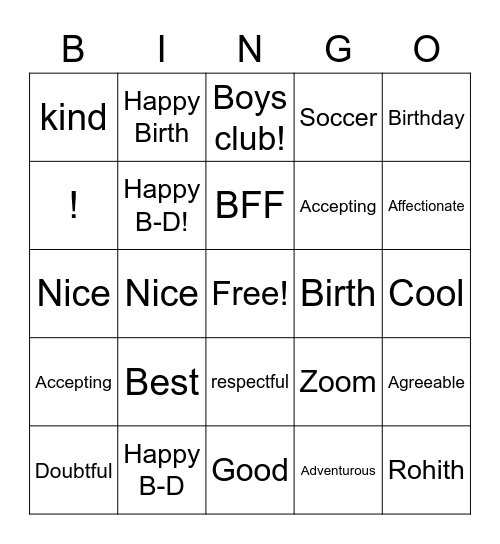 Happy Birthday Rohith Bingo Card