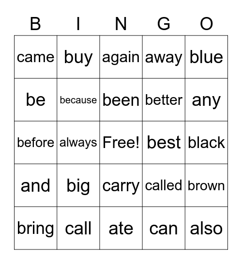 High Frequency Words Week 2 Bingo Card