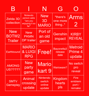 Nintendo E3 Bingo Card