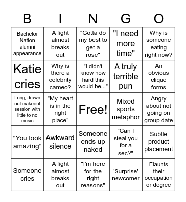 The Bachelorette Bingo Card