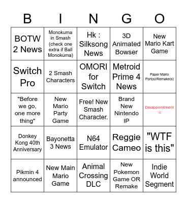 nintendo E3 2021 Bingo Card