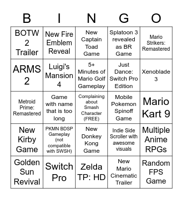 Nintendo E3 Bingo Card