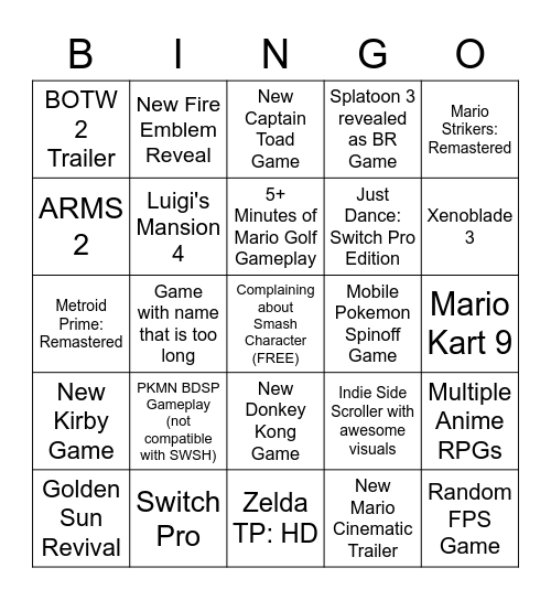 Nintendo E3 Bingo Card