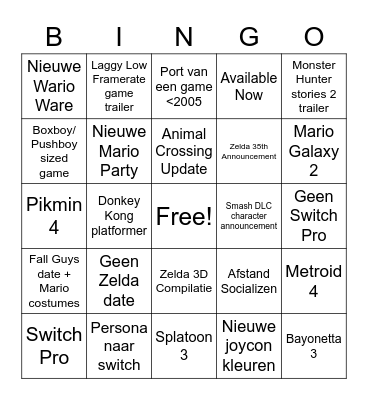 E3 2021 Nintendo Bingo Card