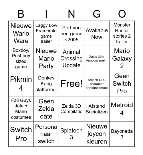 E3 2021 Nintendo Bingo Card