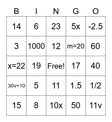 Integers Bingo Card