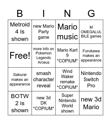 Nintendo E3 Bingo Card