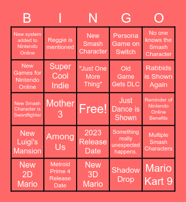 Nintendo E3 Bingo Card