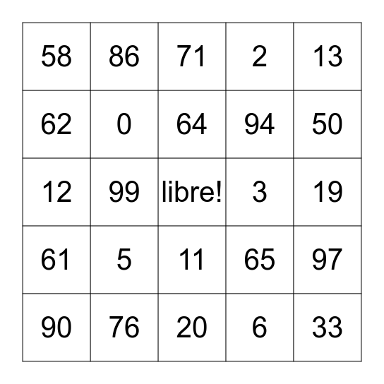 Les numeros Bingo Card