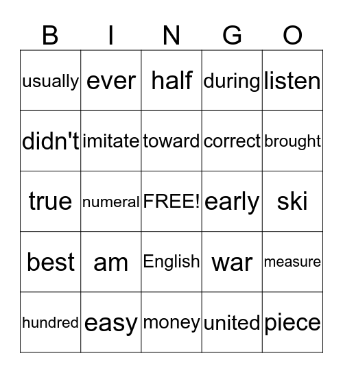 Star Word Bingo Card