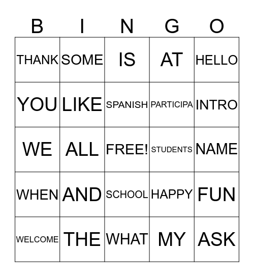 Wacky Word Bingo Card