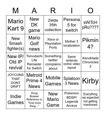 E3 2021 Nintendo Bingo Card