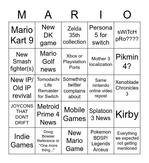 E3 2021 Nintendo Bingo Card