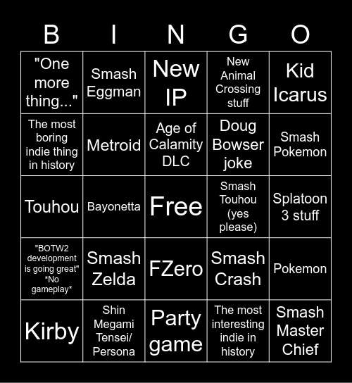 Nintendo E3 Bingo Card