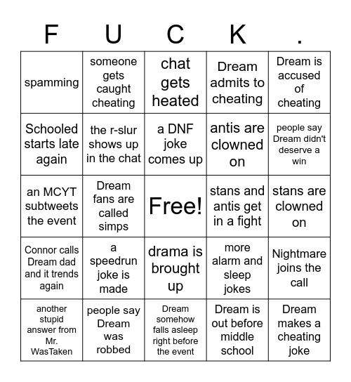 OTK Schooled Drama: Dream Edition Bingo Card