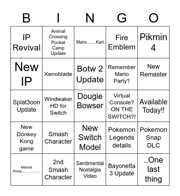 Nintendo E3 Bingo Card