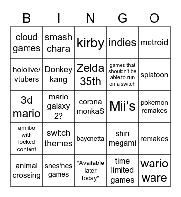 nintendo e3 Bingo Card