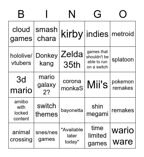 nintendo e3 Bingo Card