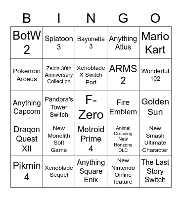 E3 2021 Nintendo Direct Bingo Card