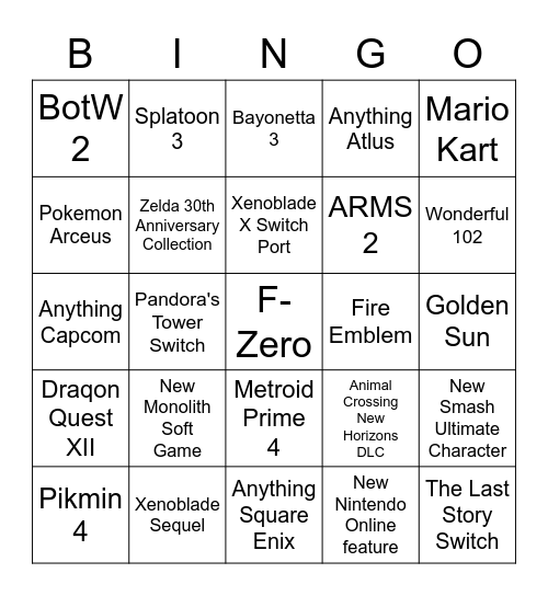 E3 2021 Nintendo Direct Bingo Card