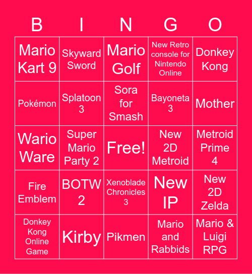 E3 Nintendo Prediction Bingo Card
