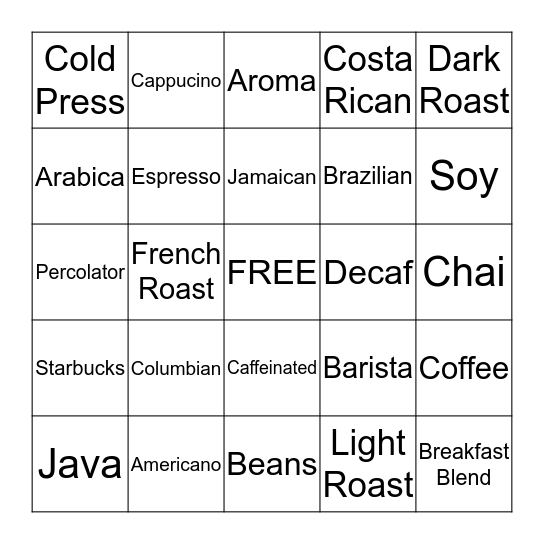 COFFEE HOUSE BINGO Card