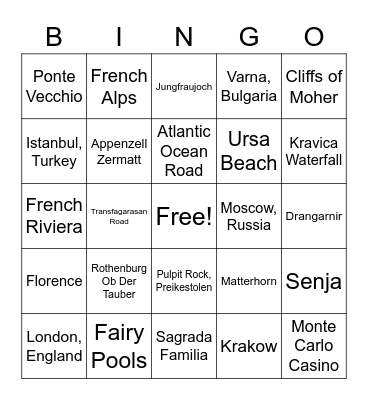 Top 100 Places in Europe Bingo Card